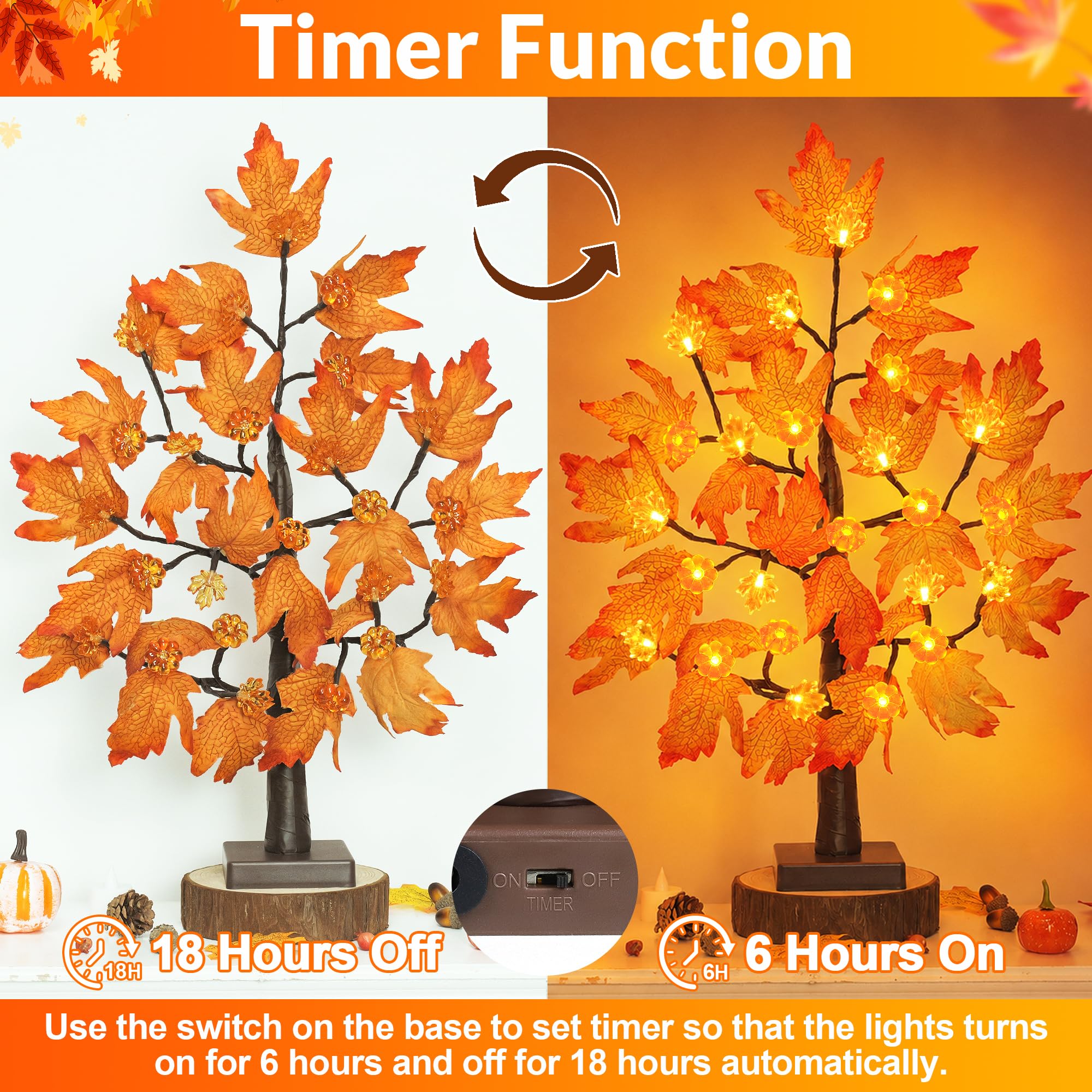 [Timer] Confezione da 2 decorazioni autunnali per albero di acero autunnale del Ringraziamento con 48 luci a LED, albero autunnale da 61 cm con acero di zucca illuminato, decorazioni per la tavola