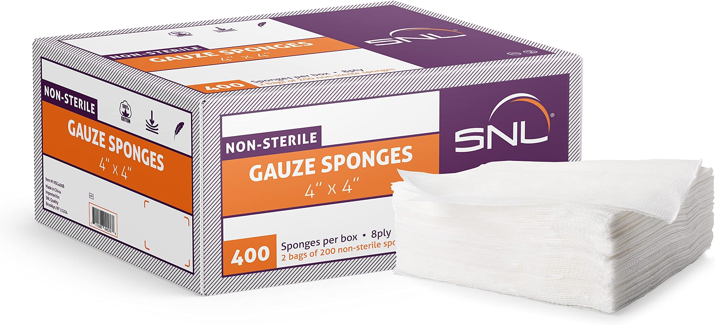 SNL Quality 'Non-Sterile' Latex Free Gauze Sponge Pads - 8 Ply - 4" X 4" - Box of 400 (2X 200 Packs Inside)
