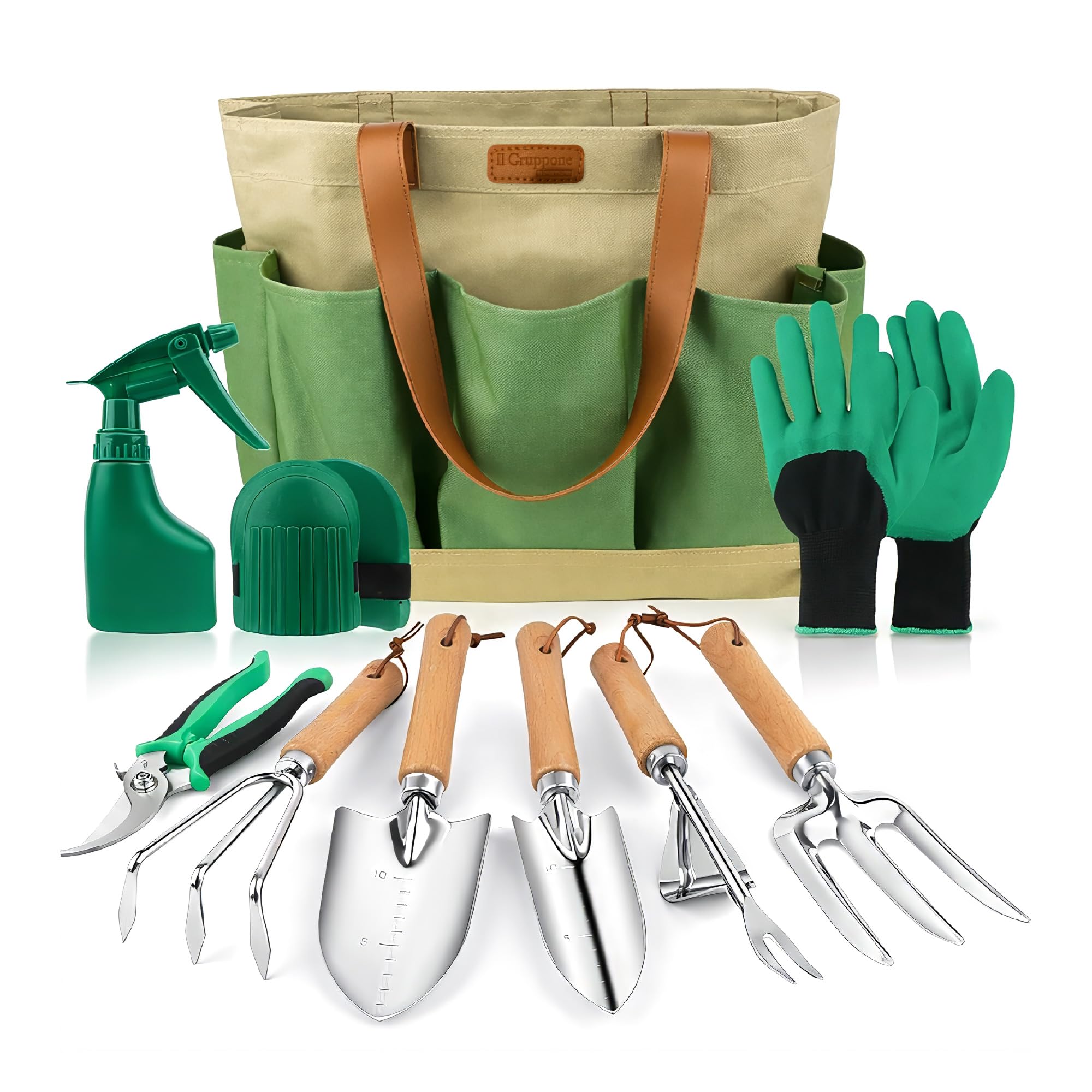 Set Attrezzi da Giardinaggio 10 Pezzi – Kit Completo con Paletta, Trapiantatore, Forchetta, Rastrello, Forbici da Potatura, Guanti, Spruzzino e Ginocchiere