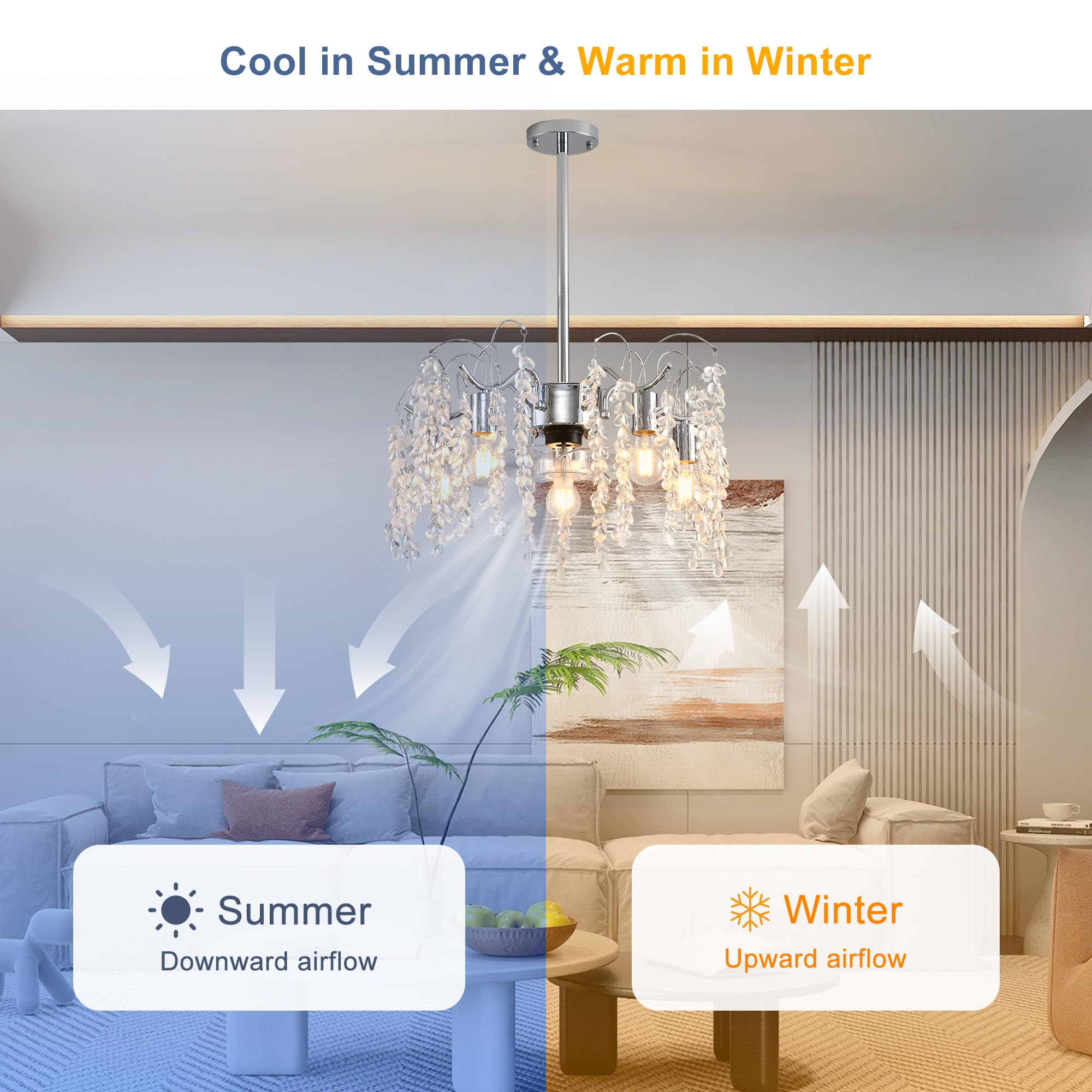 Ganeed Ventilatore da soffitto Cristallo con Luci e Telecomando Lampadario Moderno Lampada a Sospensione 6 Velocità Vento per Camera da Letto Cucina Soggiorno Foglia di Salice 4 Luci