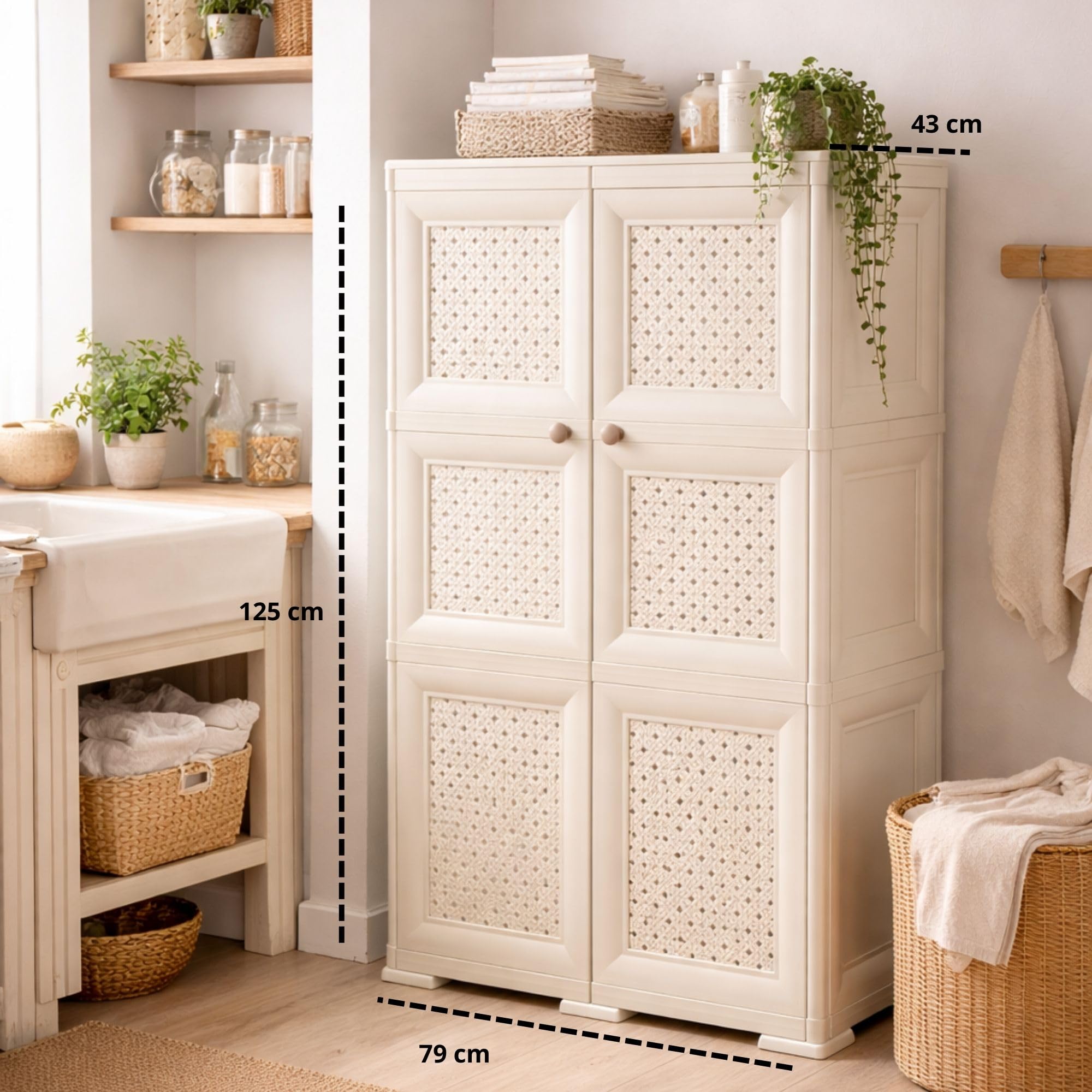 Armadio in Plastica 79 x 43 x 125 cm con Ante Traforate – Mobile Contenitore Verticale Salvaspazio per Zona Living e Organizzazione Casa (Angora)