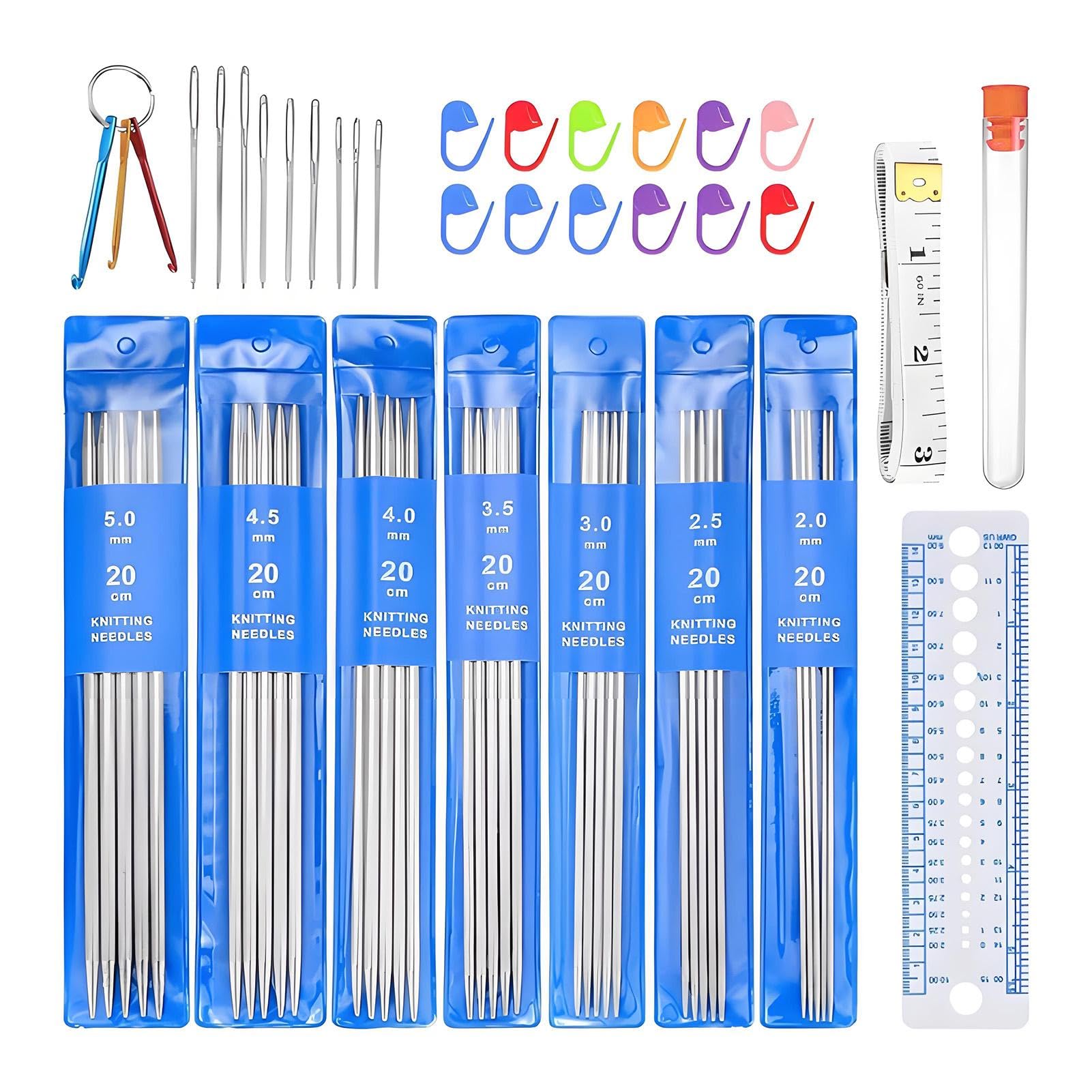 35 Pcs Double Pointed Knitting Needles Set, Short 20cm Metal for Sock Knitting, Beginner Pins Kit - 2.0/2.5/3.0/3.5/4.0/4.5/5.0mm