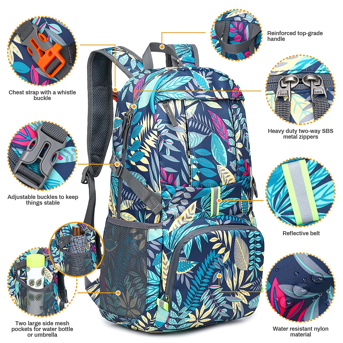 Zaino Ripiegabile, Zaino Pieghevole Ultraleggero da 35 Litri per Uomo Donna Resistente all'Acqua Escursionismo Zainetto Design Riflettente Sicuro da Passeggio per Campeggio all'aperto