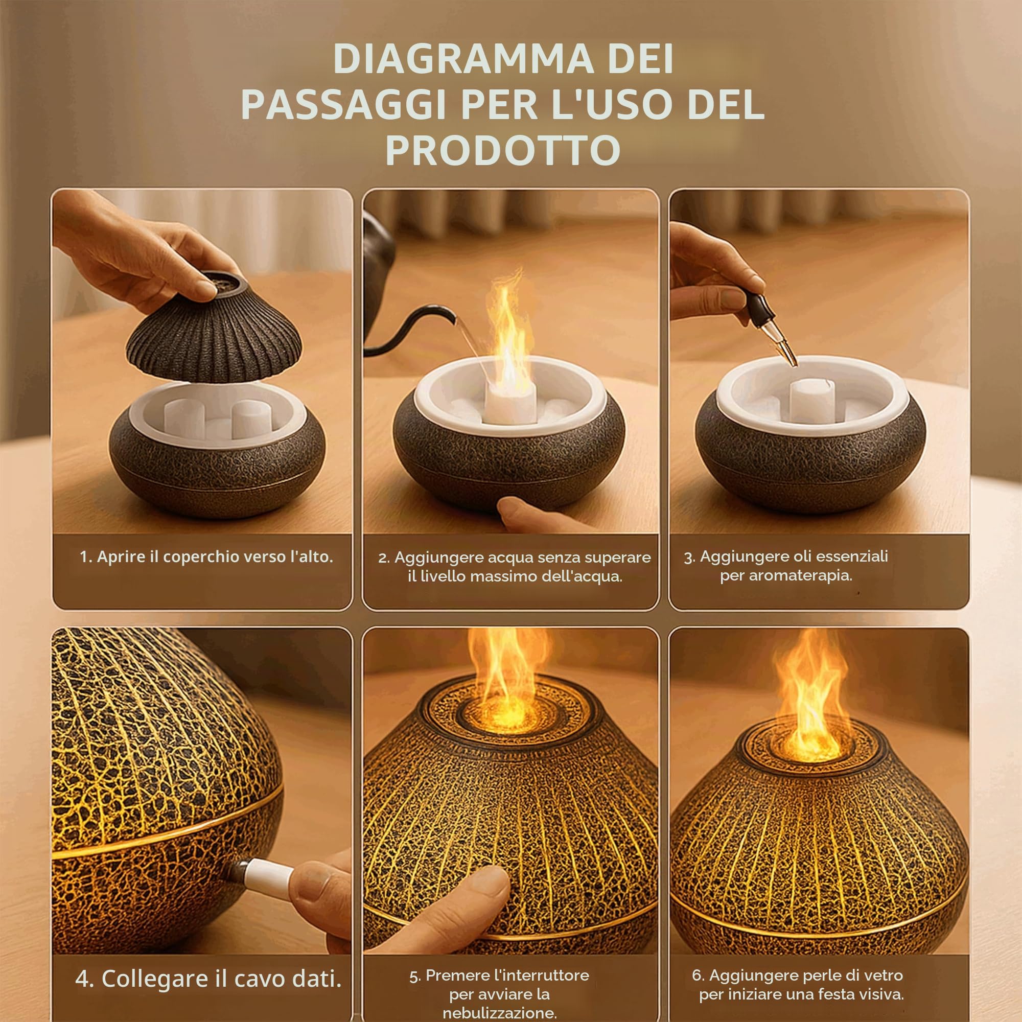 ALMA® Diffusore e Umidificatore di Oli Essenziali con Effetto Fiamma – 7 Colori LED, Funzionamento Ultra Silenzioso e Spegnimento Automatico – Perfetto per Casa, Camera da Letto, Yoga e Ufficio