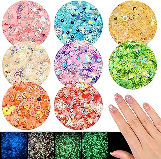 VEINARDYL - 8 colores luminosos de arcilla, rodajas de arte de uñas 3D, diseño de frutas, flores, mariposas, brillan en la oscuridad con lentejuelas de perlas de imitación para manualidades, resina