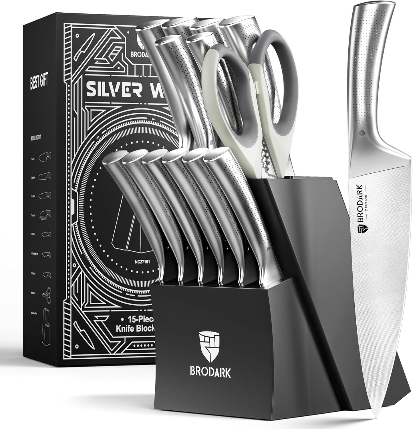 BRODARK Knife Block Set: Kitchen Knives Set with Block and Sharpener, 15 Pcs Ultra Sharp Chef knife, High Carbon Stainless Steel, Ergonomic Handle Non-Slip Grip, Silver Wolf Series with Gift Box