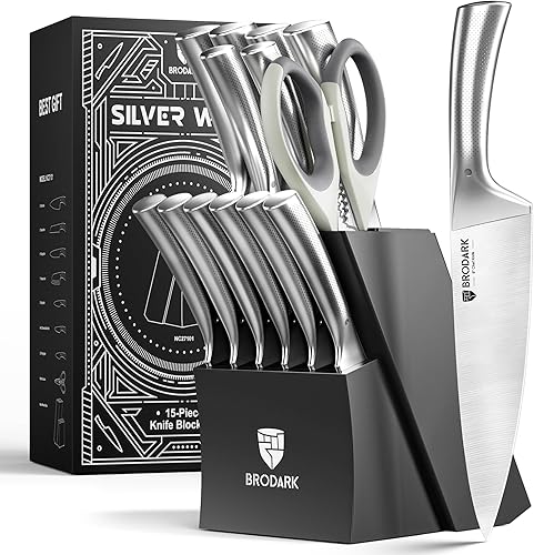 BRODARK Juego de Cuchillos con Bloque: Juego de cuchillos de cocina con bloque y afilador, 15 piezas de cuchillos de chef ultra afilados, acero