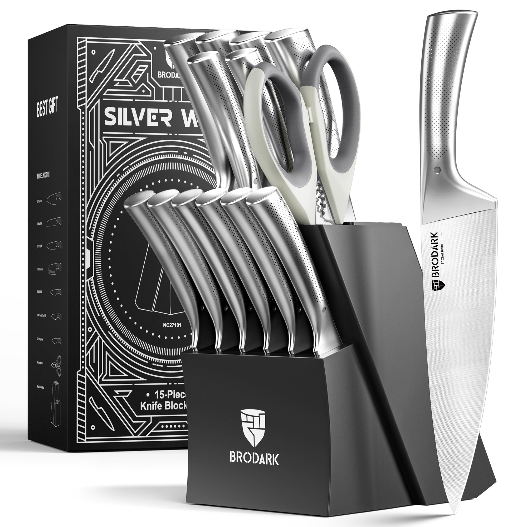 BRODARK Knife Block Set Kitchen Knives Set with Block and Sharpener 15 Pcs Ultra Sharp Chef knife High