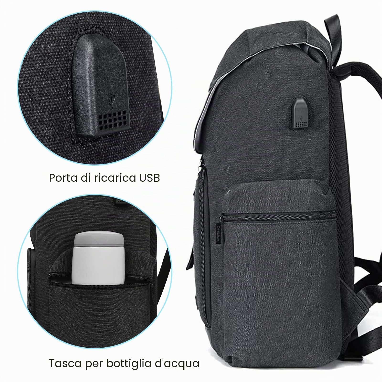 Cwatcun zaino fotocamera borsa in tela per reflex mirrorless Canon Nikon Sony Pentax obiettivo impermeabile fotocamera reflex con 15.6'' scomparto per computer portatile e cinghia treppiede,Nero