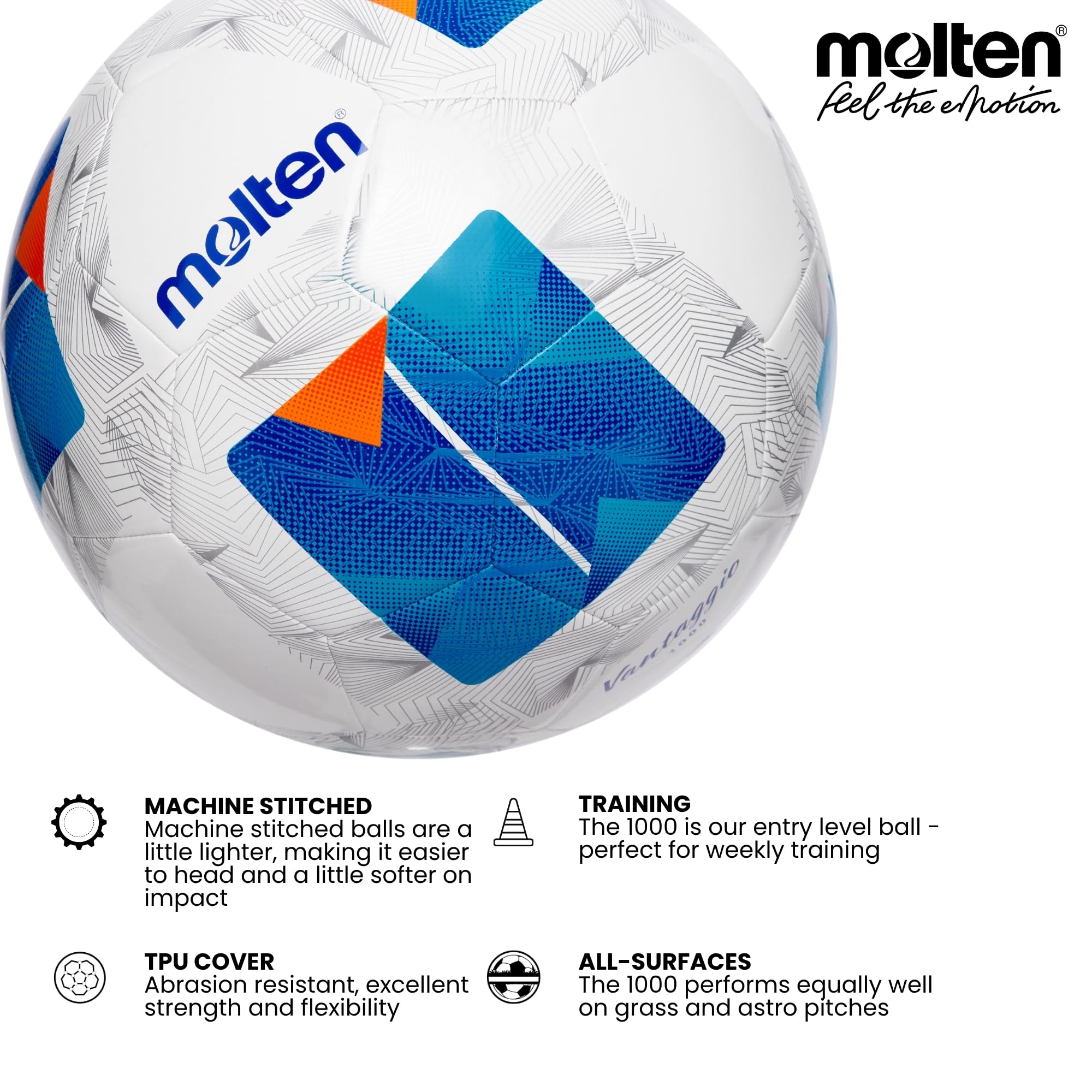 Molten Vantaggio 1000 Ballon de Football Taille 5 TPU Brillant Mousse Souple 3 mm