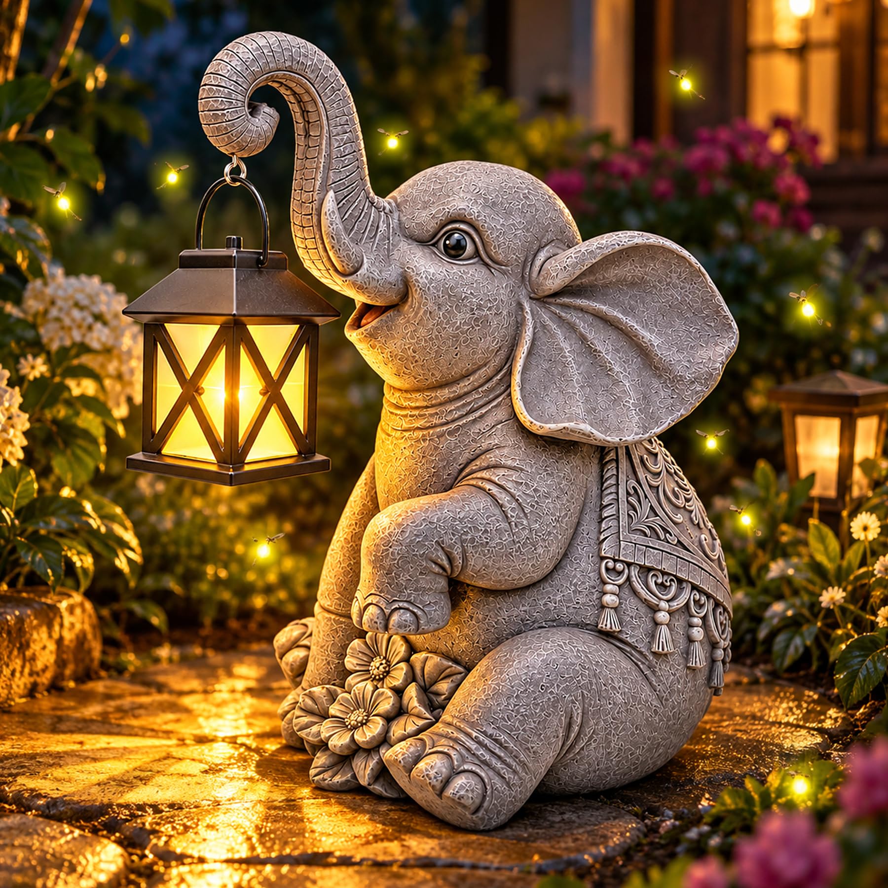 Sunshine smile Statua decorativa da giardino a forma di elefante con lanterna, decorazione da giardino per esterni, regalo per mamma, decorazione per terrazza, balcone