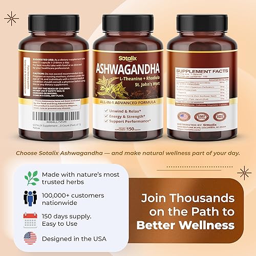 Miniatura 9 de SOTALIX Supplement Ashwagandha Fórmula avanzada todo en 1 con L-teanina, rodiola, hierba de San Juan para relajarse, relajarse y fortalecer,