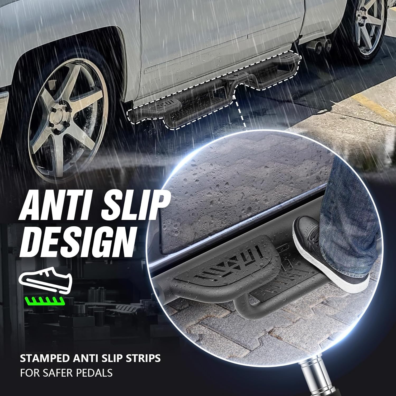 Three Raised Step Double Cab Running Boards Compatible with 2007-2018 Chevrolet Silverado & GMC Sierra 1500, 2007-2019 Chevy Silverado & GMC Sierra 2500 3500 HD Extended Cab Side Step Nerf Bar