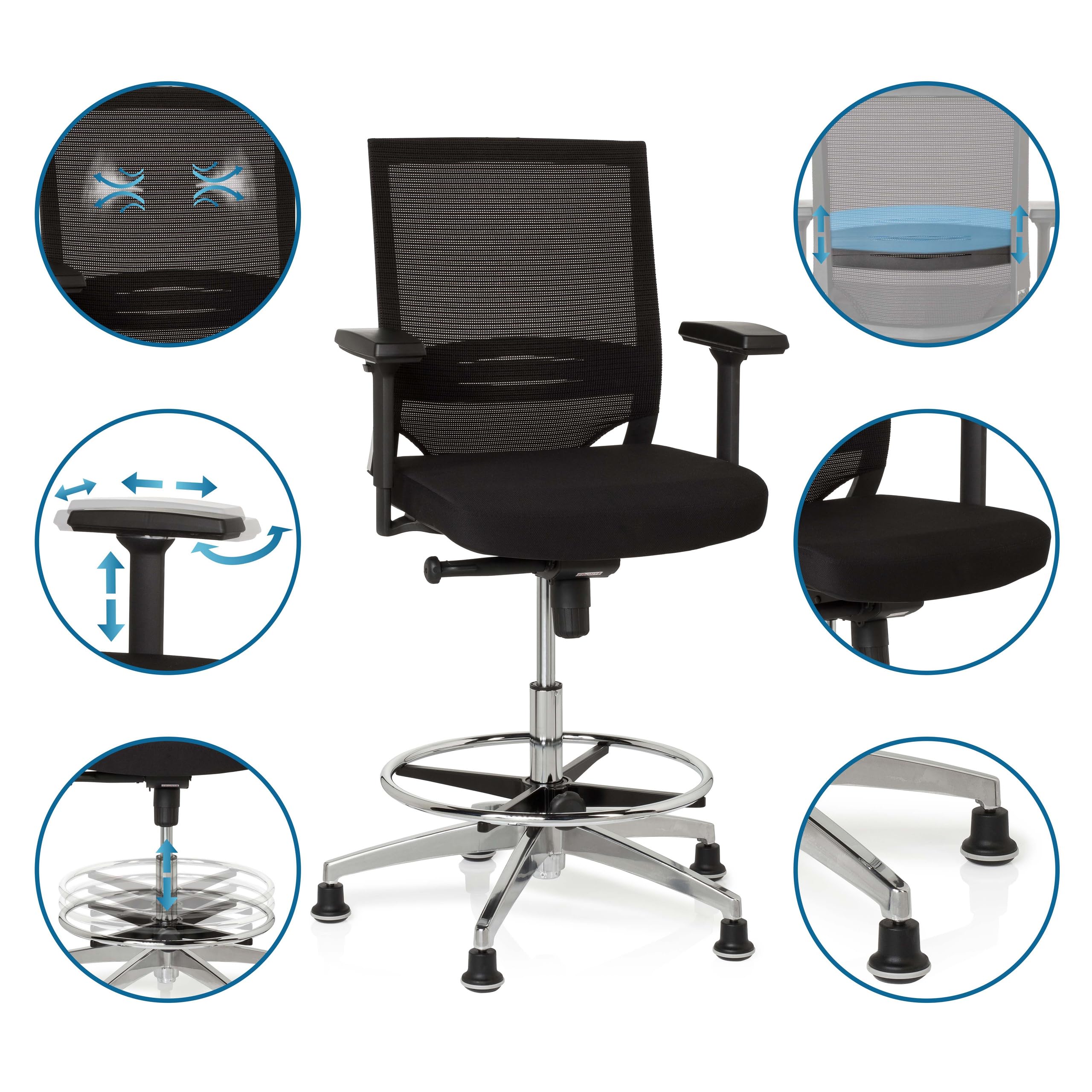 hjh OFFICE 657550 Arbeitsstuhl Counterstuhl TOP Work 77 Stoff/Netz Schwarz Bürostuhl hoch, ergonomisch, Stuhl & Fußstütze höhenverstellbar