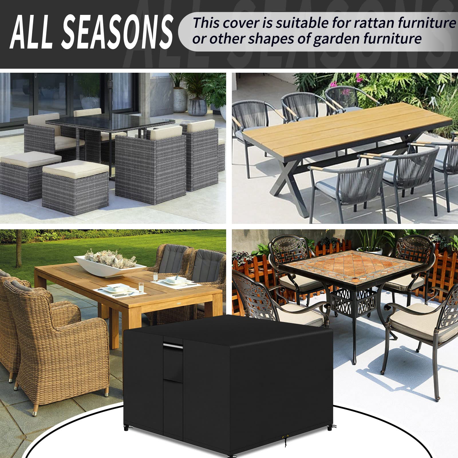 Housse Salon de Jardin, Housse Table de Jardin Patio De Tissu De 600D Oxford, Housse de Protection Salon de Jardin avec Corde et Boucle, Imperméables, Anti-UV, Coupe-vent 125x125x71cm(Noir)