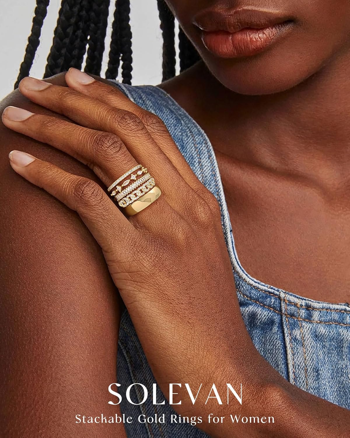 Stackable Gold Rings for Women Non Tarnish Chunky 14K Gold Plated Stacking Cubic Zirconia Engagement Thumb Ring Set Stack Pack Statement Wedding Band Rings Promise Rings Gold Jewelry - Image 2