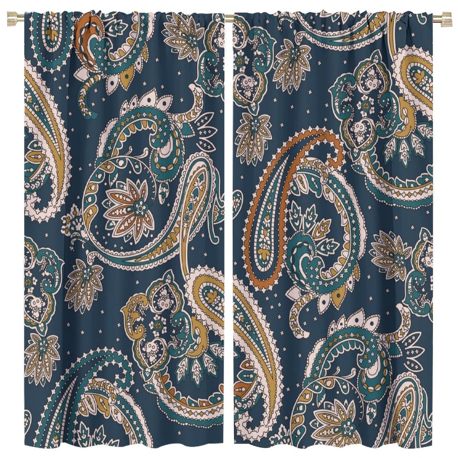 BenYaSong Paisley Flower Blackout Window Curtains,Traditional Indian Paisley Pattern Style Print for Teen Thermal Insulated Darkening Room Window Curtain Drapes 2 Panels 52x96in