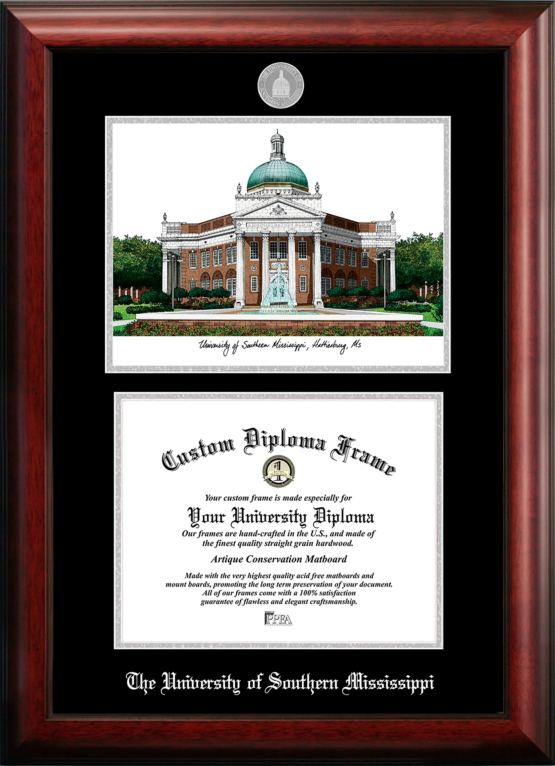 Campus Images NCAA Southern Mississippi Golden Eagles Unisex Silver Medallion Frame Southern Mississippi 11w x 8.5h Silver Embossed Diploma Frame Lithograph, Brown, One Size