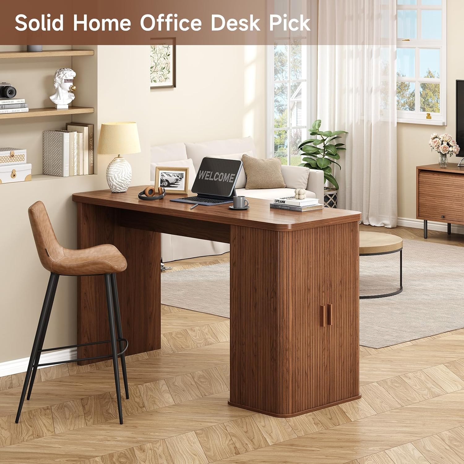 ONBRILL 59 Inch Kitchen Island with Storage, Fluted Counter Height Table, Mid-Century Modern Kitchen Island Table with Sliding Door, Home Bar Tables with Wine Rack and Drawers Walnut