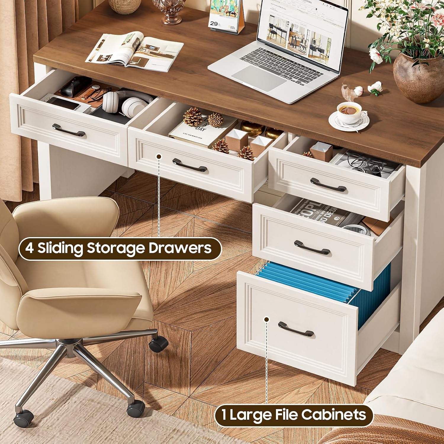 Vabches 55 Inch Farmhouse Desk with 5 Drawers, Large Home Office Computer Desk with Adjustable File Drawer, Executive Workstation with Storage for Study Writing Work, White