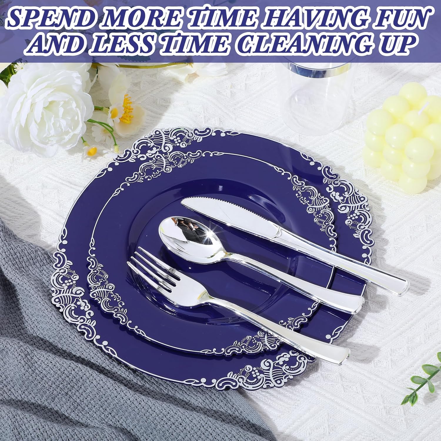 Umigy 300 Pcs Navy Blue Plastic Plates Heavy Duty Blue and Silver Disposable Dinnerware, Include 50 10. 2" Dinner Plates, 50 7. 5" dessert Dinnerware and 150 Silver Silverware for Weddings Party