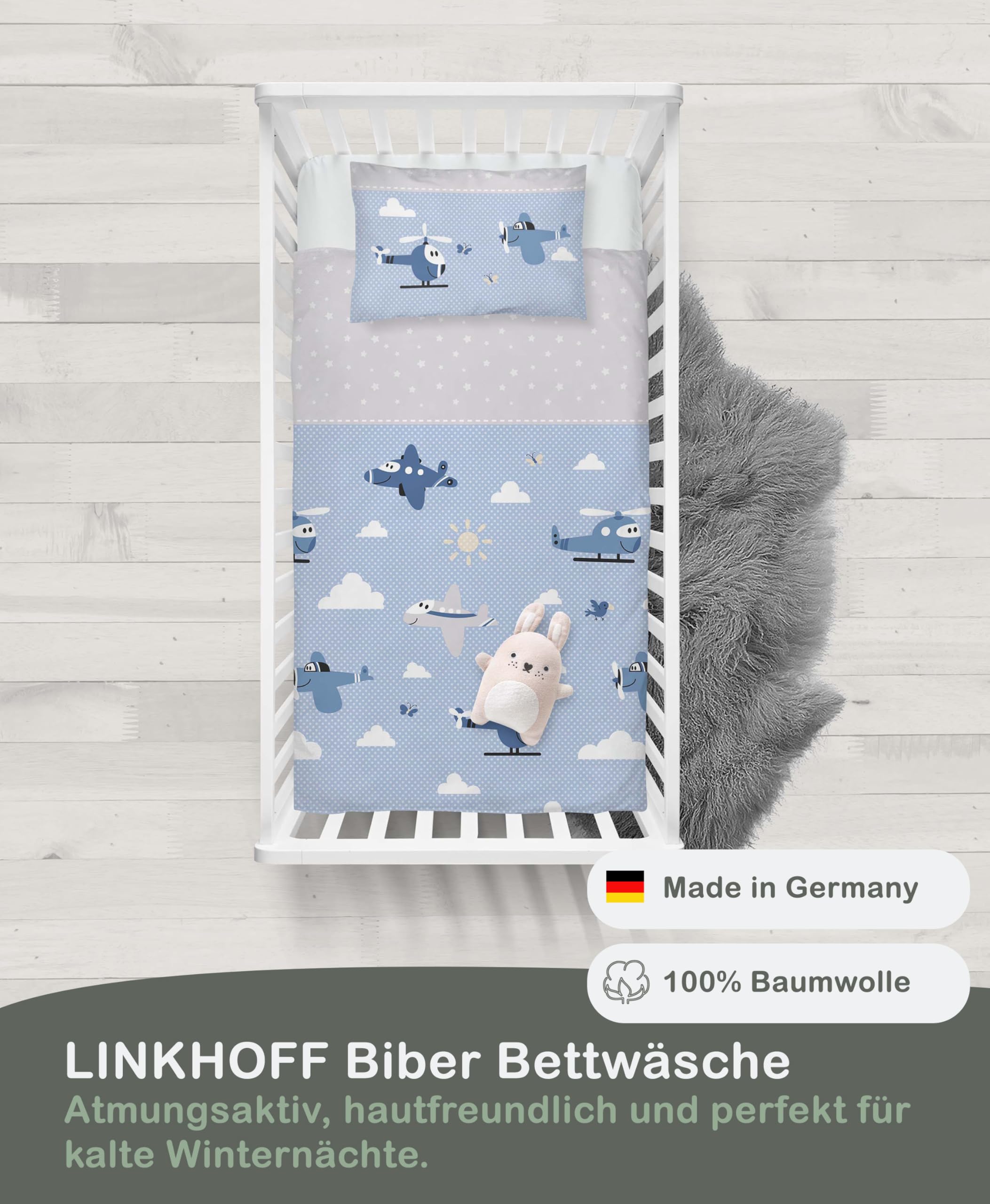 LINKHOFF Biancheria da letto per bambini, 100 x 135 cm, 100 x 135 cm, colore blu, con aerei, morbida biancheria da letto invernale per bambini, in 100% cotone