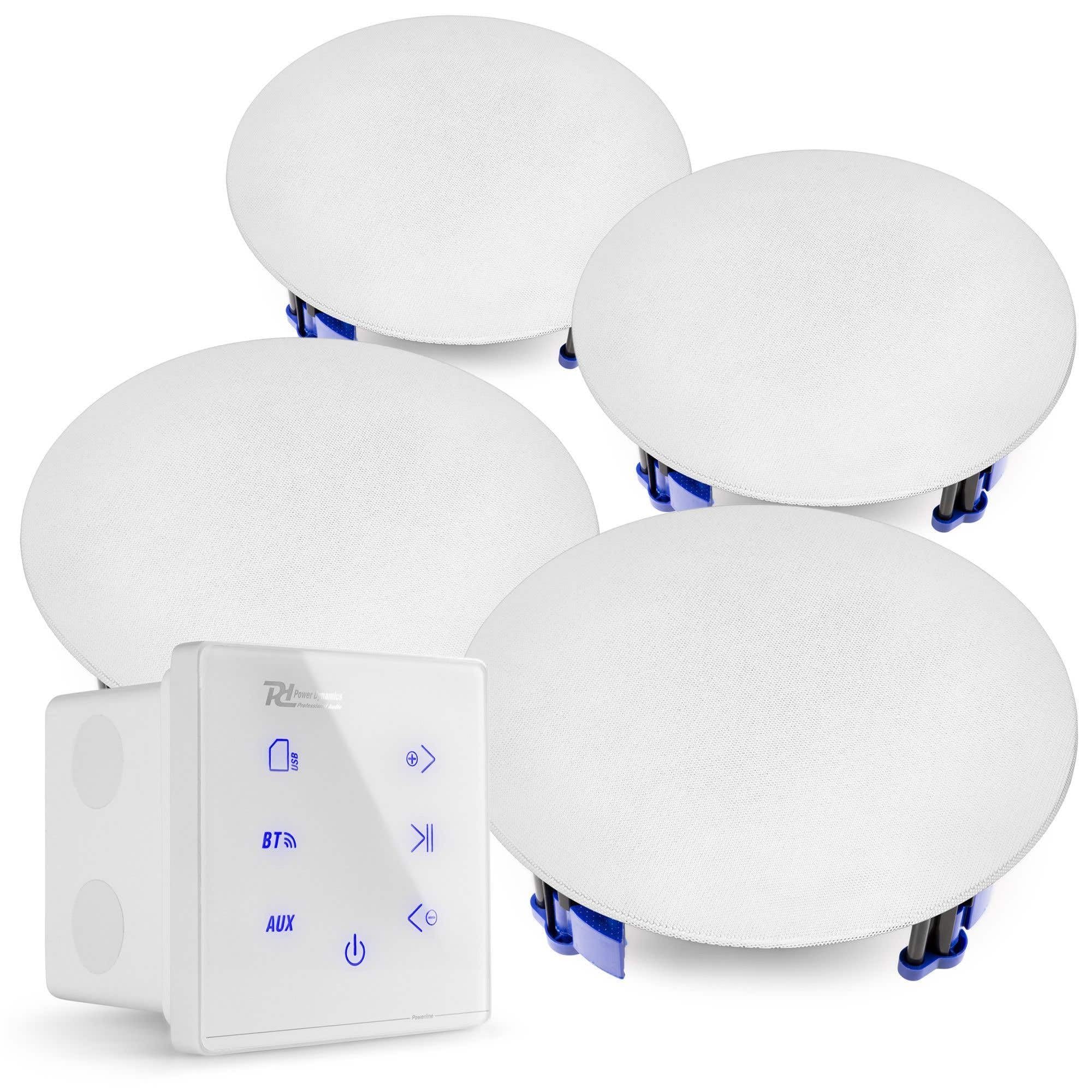 Power Dynamics A100WSet Lot de 4 Haut-Parleurs de Plafond avec Amplificateur Mural - Blanc, avec Câbles de Connexions, Compatible 100V, Bluetooth 5.0, Idéal pour Une Installation Public Address