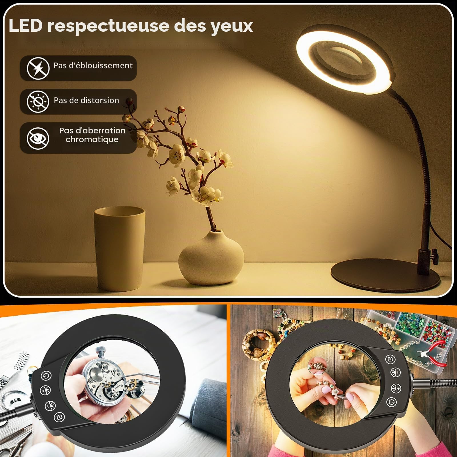 Loupe à Col de Cygne 15X 10X Lampe Loupe de Bureau LED avec Pince et Base 5 Modes de Couleurs