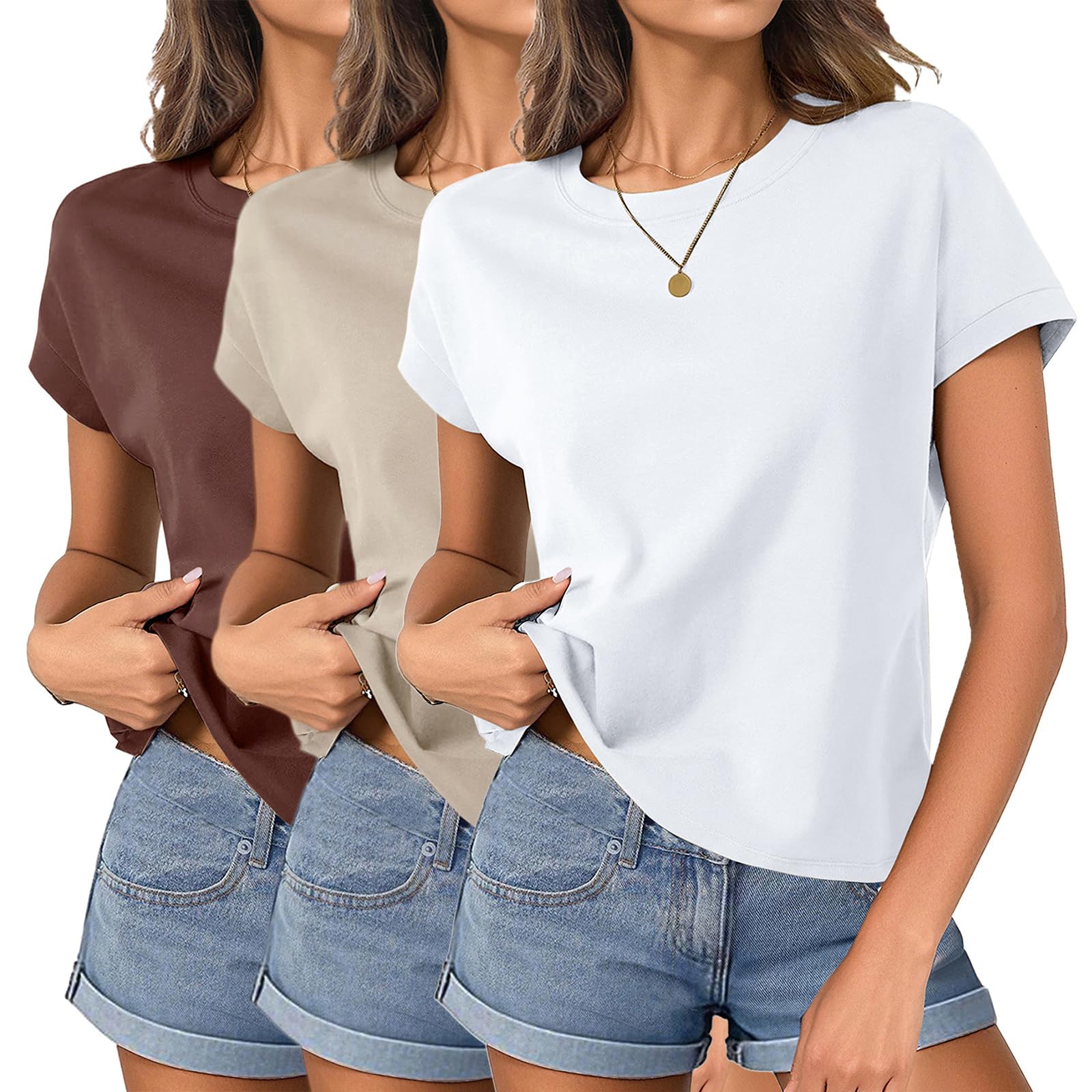 HOTIAN Maglietta da donna a maniche corte, in cotone, casual, basic, estiva, con maniche ad aletta, scollo rotondo