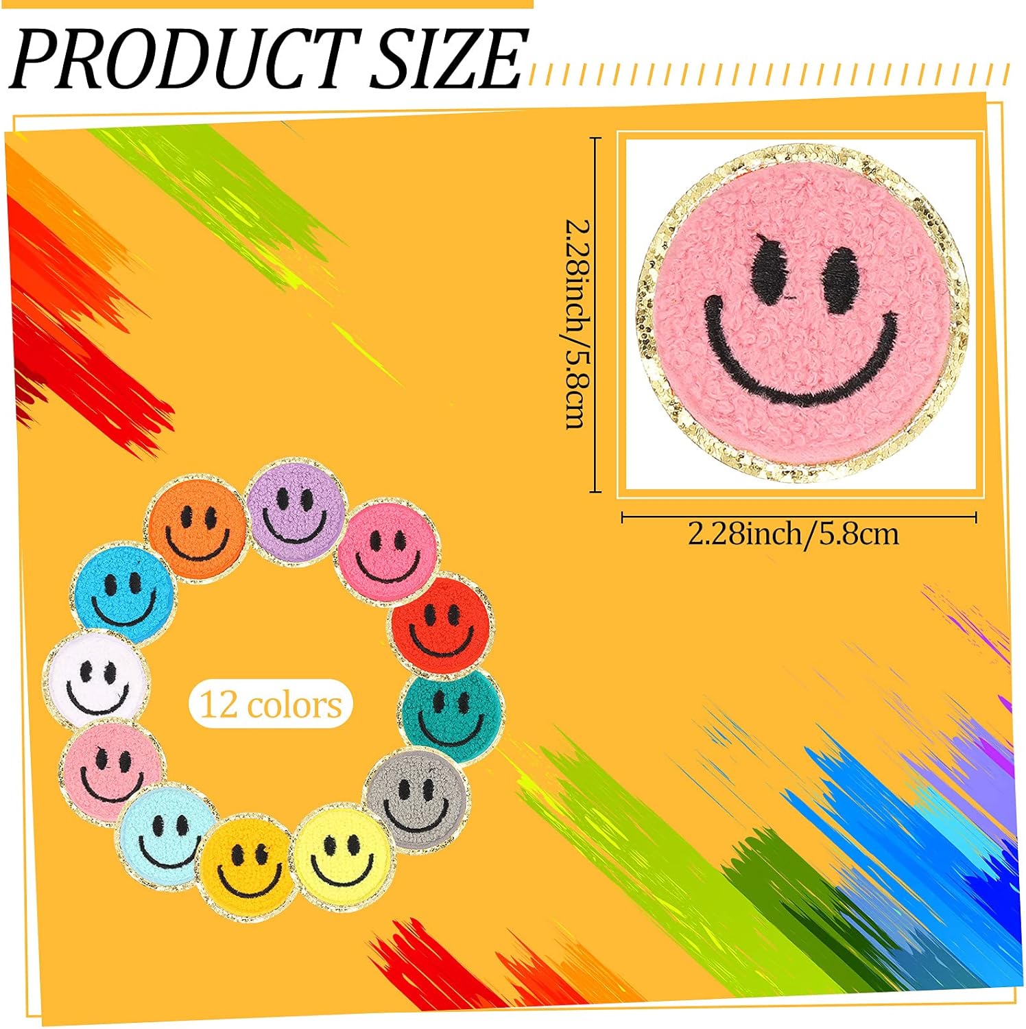 12 Pcs Smile Face Iron On Patches Happy Face Chenille Patches for Clothes Dress Jackets Hats Cute Embroidery DIY Craft Applique(2.2 Inch) - Image 2