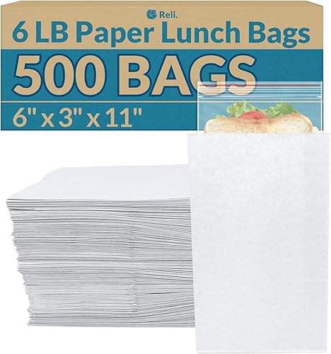 Reli. Bolsas de almuerzo de papel, 6 libras (500 unidades, a granel), bolsas de papel blanco kraft de 6 libras de capacidad, bolsas de papel