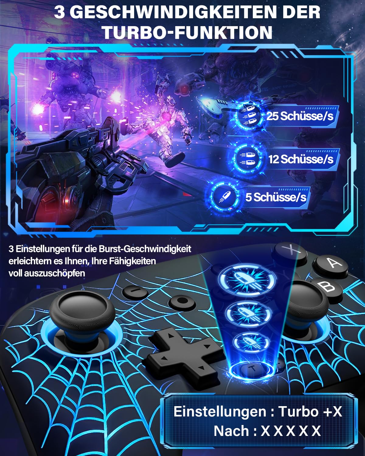 ZRZLMVP Switch Pro Controller für Switch/Switch 2/Oled/Lite - 1000 mAh Wiederaufladbar Wireless Switch Controllers mit 9 RGB Licht, Programmierbar, Wake Up Funktion, Turbo, Vibration - Spinngewebe