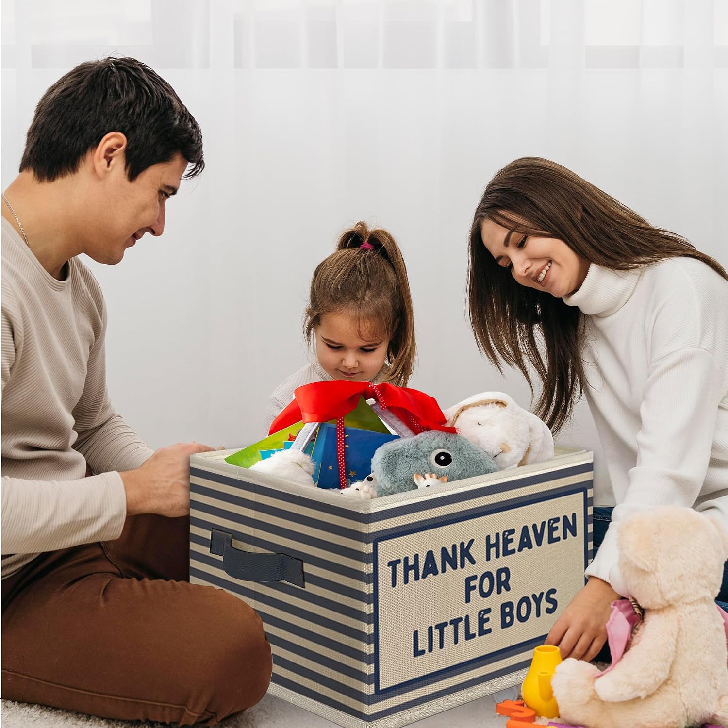 Boys Foldable Storage Bins Box with Handles, Thanks Heaven for Little Boys Blue Striped Collapsible Toys Books Clothes Organizer Basket for Kids Boy Nursery Room Bedroom Playroom Bathroom