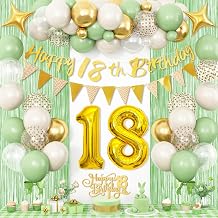18th Birthday Decorations Sage Green, 18th Birthday Balloons Green Gold Clear, Happy 18th Birthday Banner with Fringe Curtain Cake Toppers Number 18 Balloons for Girls Boys 18 Year Old Bday