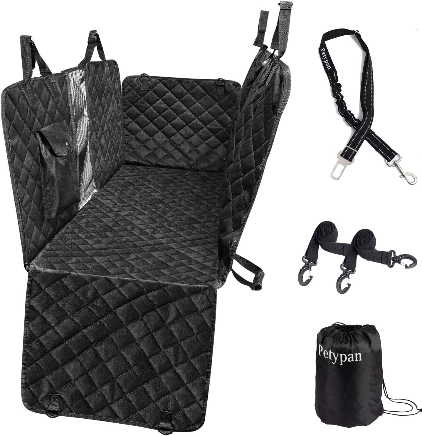 Petypan 100% Waterproof Anti Slip Car Back Dog Hammock Pet Car Seat Cover with Mesh Window Side Flap ，Pet Seat Cover for Back Seat - Black
