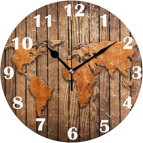 Pfrewn Reloj de pared con tablones de madera con mapa del mundo, silencioso, sin tictac, funciona con pilas, reloj de escritorio vintage de 10