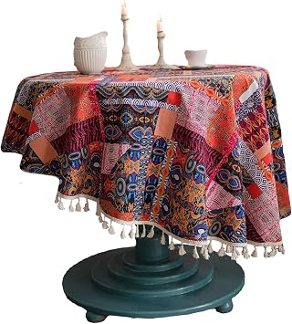 Boho Round Cotton Linen Tablecloth 150cm 60", Vibrant Patchwork Bohemian Table Cover with Tassels - Wrinkle-Resistant, Durably Dustproof Decor for Kitchen Dining Table