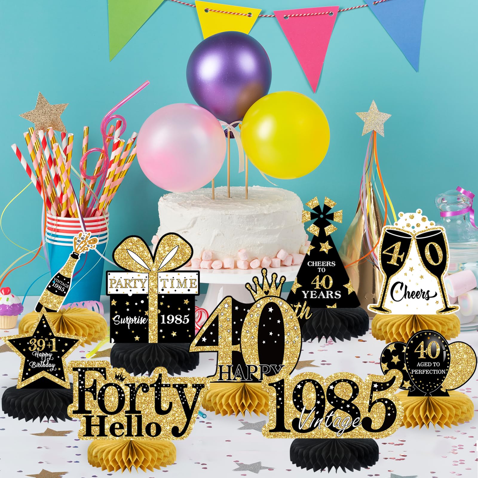 Decoracion 40 Cumpleaños Kit 9 Piezas Cumple Decoración Mesa 40 Cumpleaños  - 9 Piezas Panal 3D, Negro Y Dorado, Centro Mesa Festivo Decoración Mesa  Cumpleaños 40 Decoracion Fiesta 40 Cumpleaños, image size:1600x1600