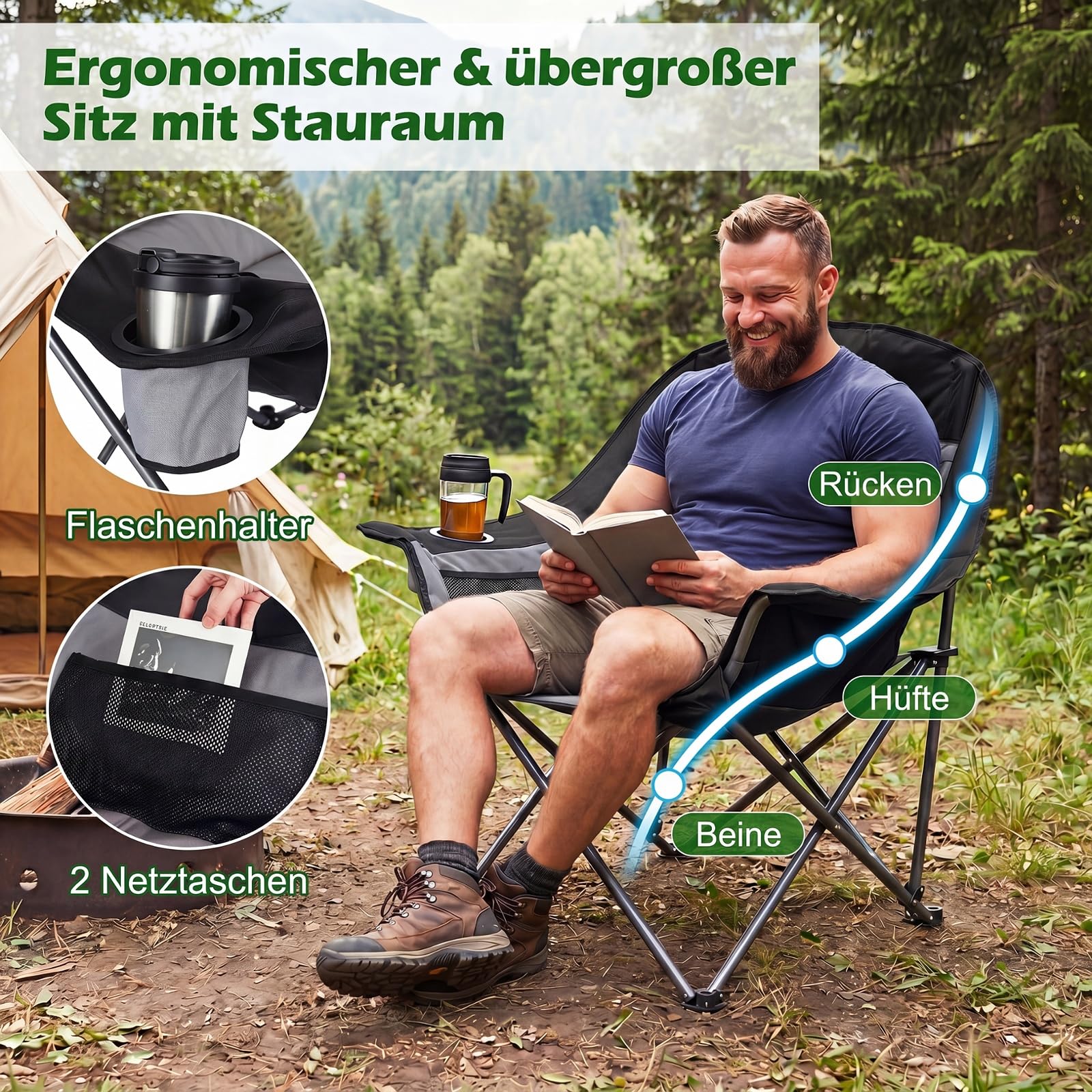 COSTWAY Campingstuhl Faltbar XXL 225KG Belastbar, Klappstuhl Gepolstert, Übergroßer Angelstuhl mit Getränkehalter & Netztaschen, Faltstuhl für Camping, Picknick, Garten, Strand (Schwarz + Grau)