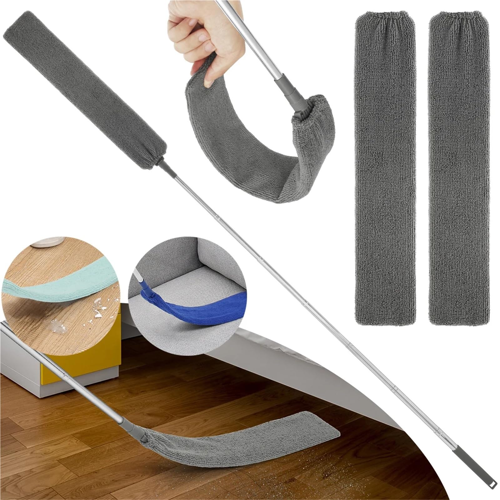 Plumero Atrapapolvo Limpiador de Polvo Gap, cepillos retráctiles Microfibra, Flexibles, Largos y Planos, con Poste Extensible, Herramientas Limpieza del hogar(Dark Gray)