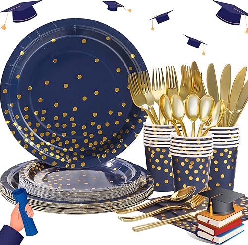 Gudvilla Decoraciones de fiesta azules y doradas, 168 platos de papel azules para 24, platos de papel azul y dorado, platos azul marino con puntos