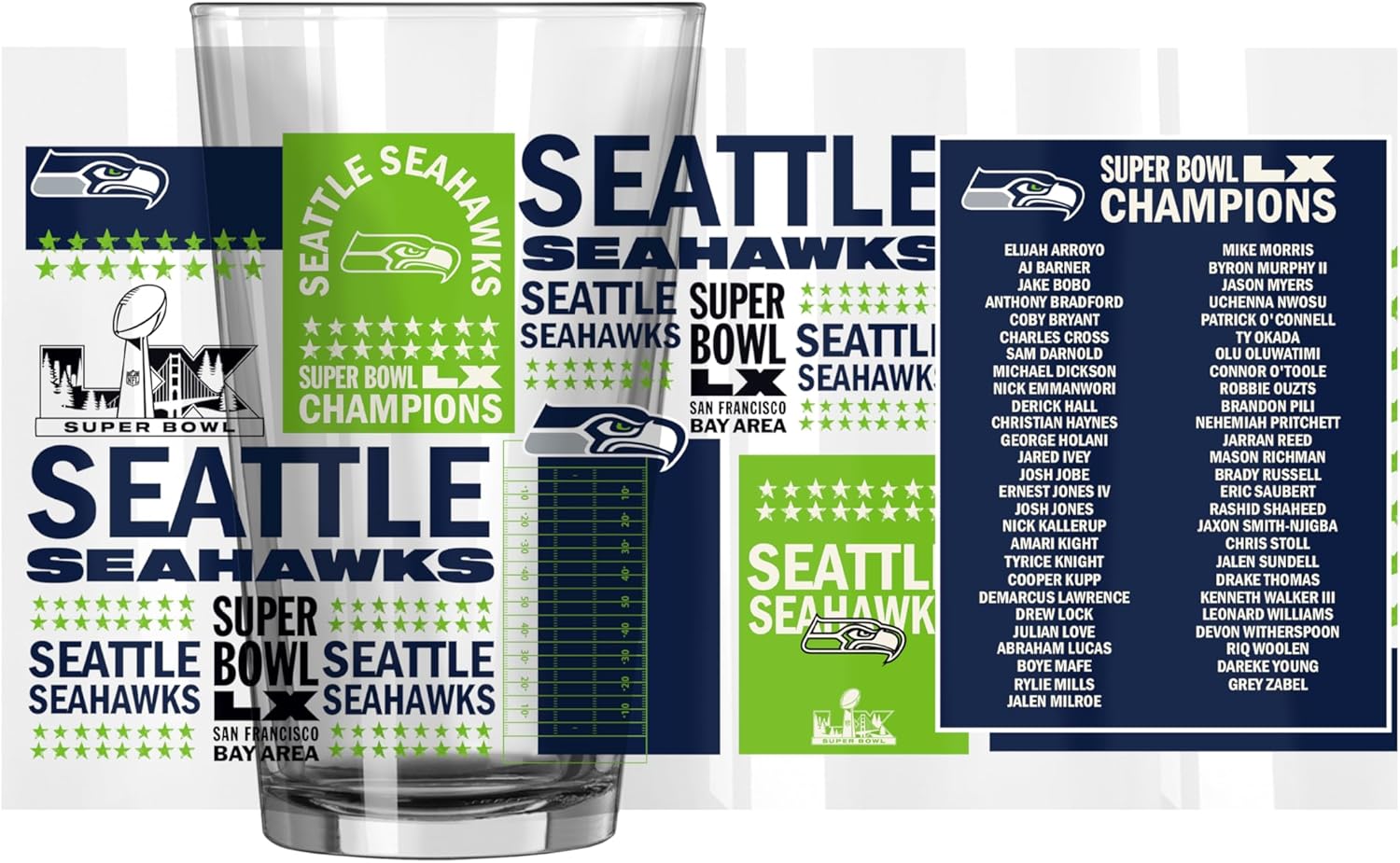 FANMATS NFL Seattle Seahawks Super Bowl 60 Champions 16 oz Pint Glass – Super Bowl 60 Champs Design, 16 Fluid Ounces, Glass