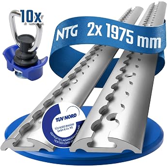 NTG 2 x 2 m airline rail semi-circular shape made of aluminum economy set with 10 pieces plastic fittings drilled lashing rail silver anodized load securing for trucks and motorhomes