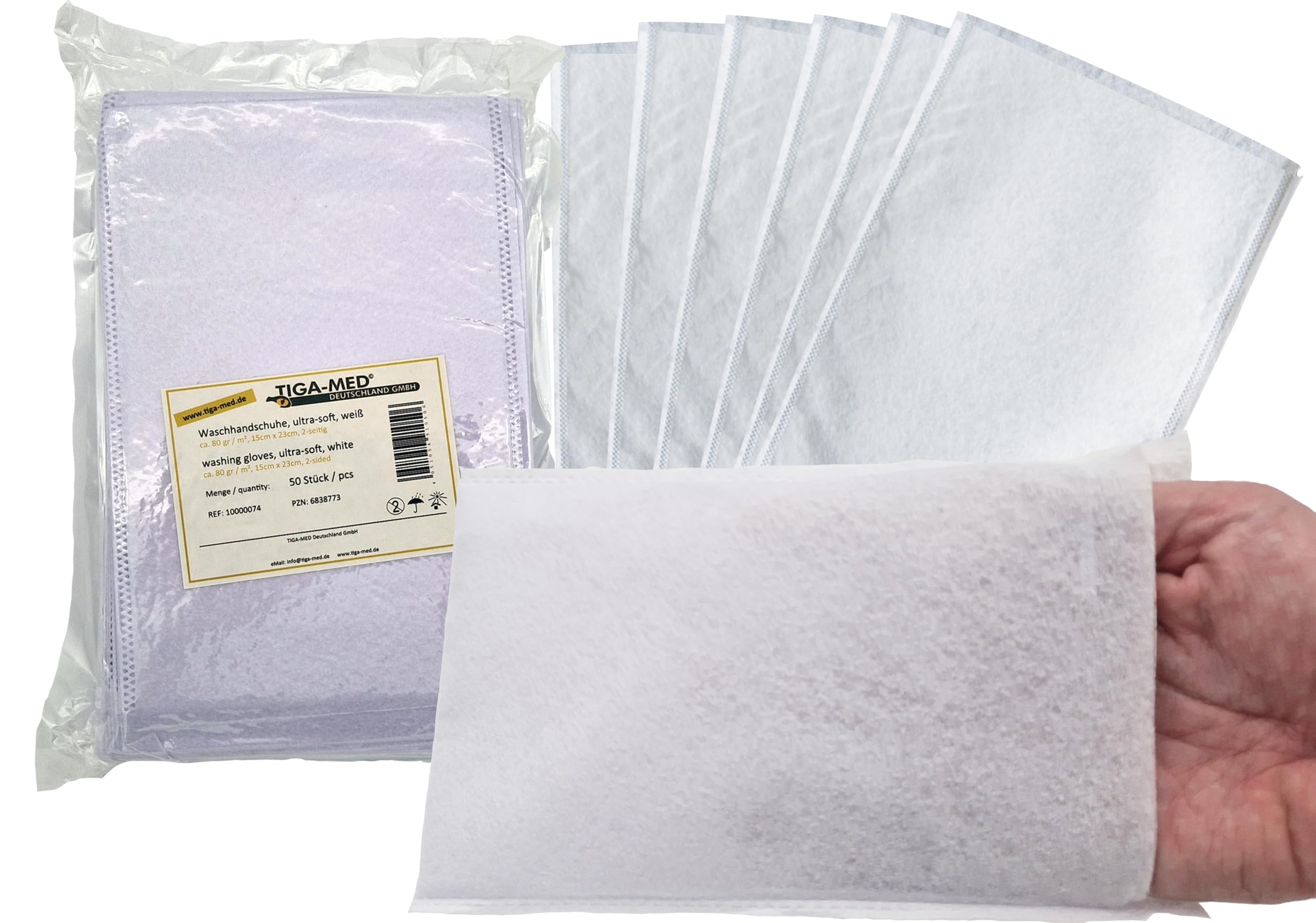 TIGA-MED Einmal-Waschhandschuhe 100 Stück – ultrasoft & fusselfrei aus Molton, reißfest, hygienisch für Körper- & Patientenpflege, 15 x 23 cm