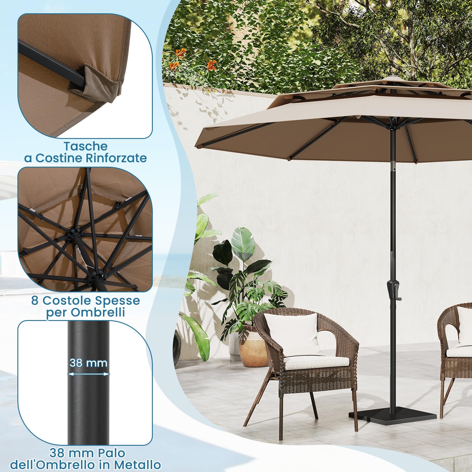 COSTWAY Ombrellone Giardino 300 cm, Ombrellone 3 Livelli con Ventilazione, Inclinazione Regolabile, Manovella, 8 Costole, per Giardino Spiaggia Piscina (Marrone)