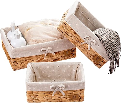 QH & Garden Cestas de almacenamiento de jacinto de agua tejidas a mano, cesta de mimbre rectangular decorativa con forro desmontable, cestas