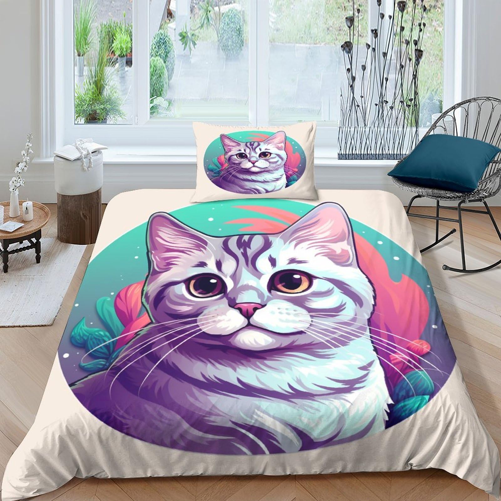 Housse de couette chat américain 135x200 cm avec 2 taies d'oreiller