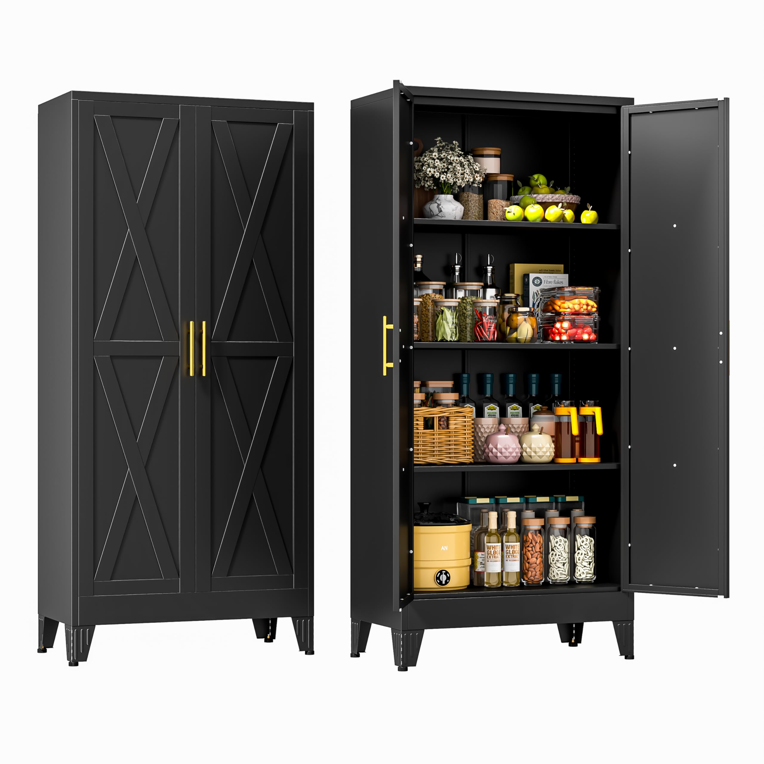 baoliwo Metal Kitchen Pantry Storage Cabinet 61",Black Farmhouse Storage Cabinet Freestanding Cupboard with 2 Doors and 3 Adjustable Shelves for