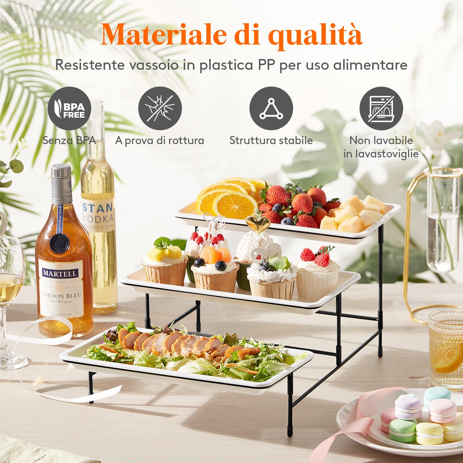 Lifewit Vassoio da Portata 3 Piatti, Vassoio Plastica Rettangolo 30×17cm, Alzate per Buffet Dolci, Portafrutta da Tavolo, Cucina Decorativo, Vassoi e Piatti con Rastrelliera in Metallo Nero