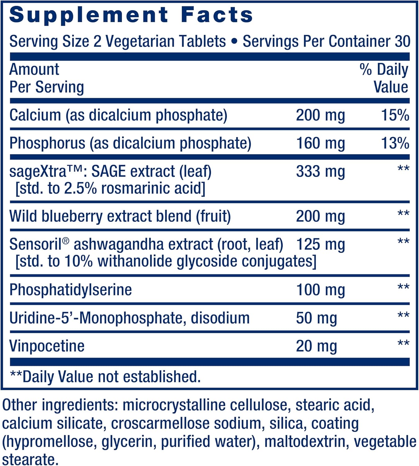 Life Extension Cognitex® Elite, sage, Blueberry, ashwagandha, phosphatidylserine, vinpocetine, Attention, Focus, Mood & Memory, Gluten-Free, Non-GMO, Vegetarian, 60 Tablets